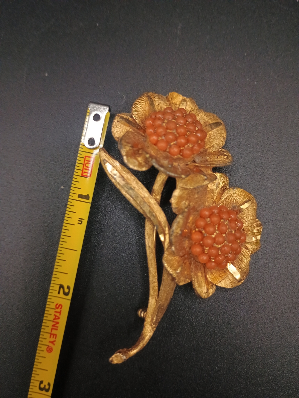 Gold-Tone Floral Brooch with Coral-Orange Beaded Centers